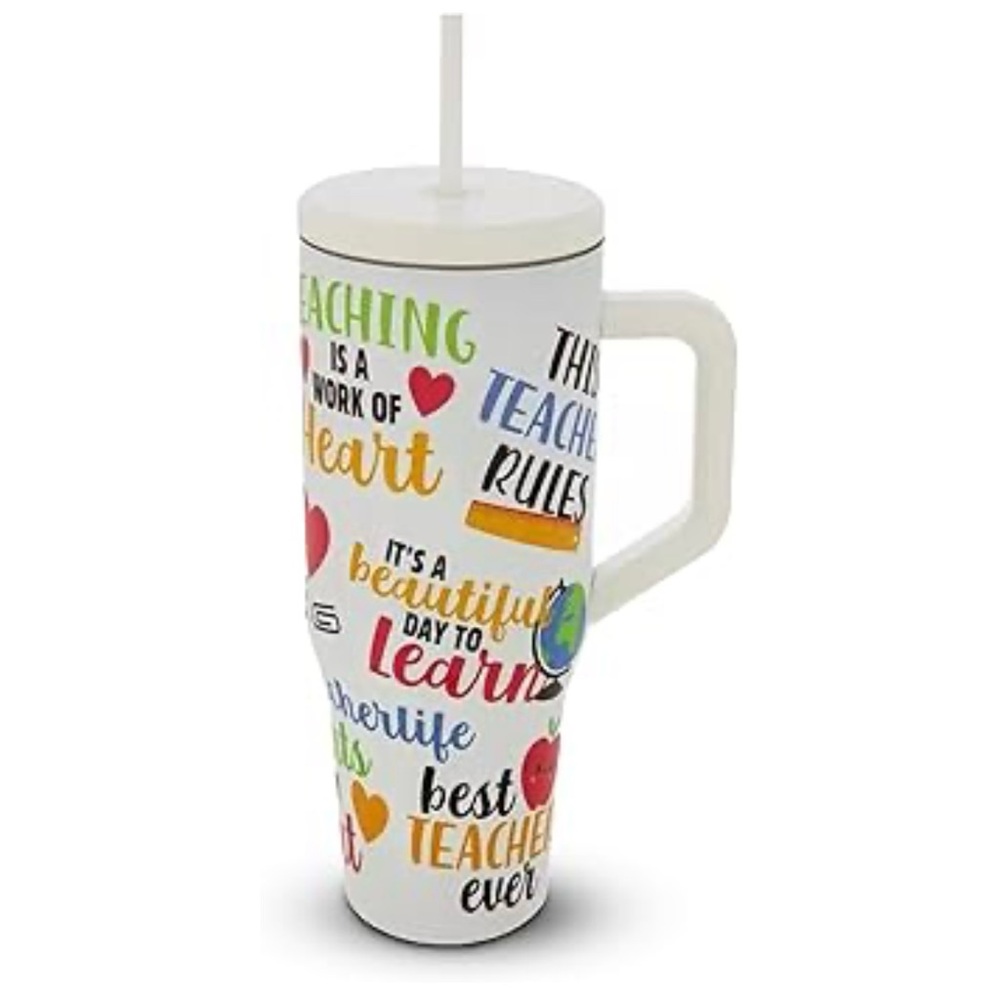 NWT BEST TEACHER EVER 40oz STAINLESS STEEL TUMBLER w/COLORFUL HEARTS & RULERS